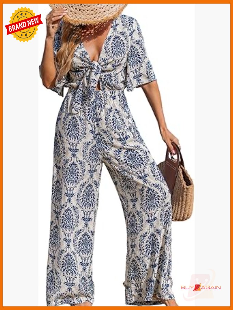 Women's Short Sleeve V Neck Wide Leg Jumpsuit Romper